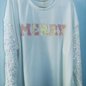 MERRY White Sequin Sleeve Sweatshirt